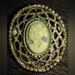 Vintage Sarah Coventry Cameo Brooch, Silver Tone With Blue, Open Work, Retro